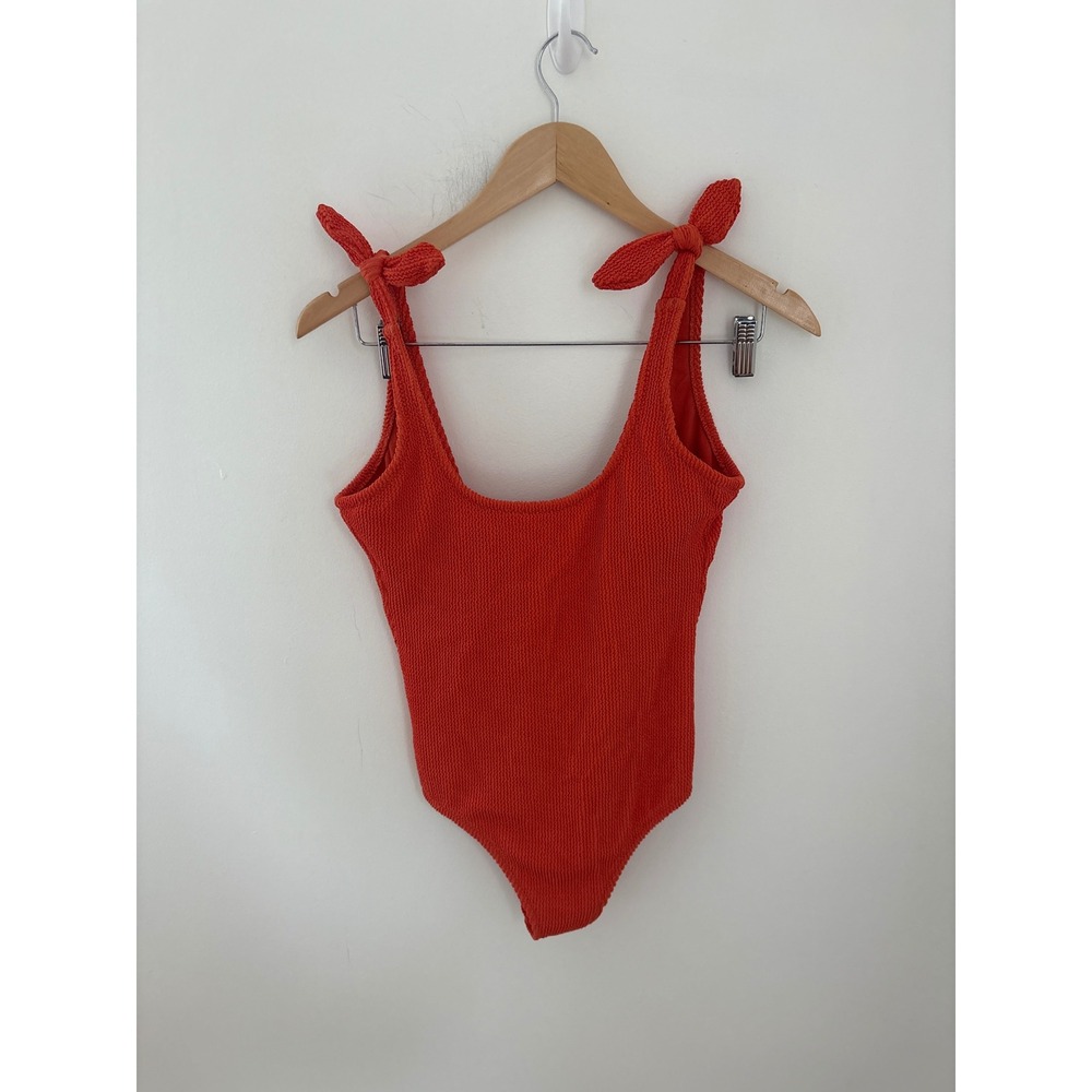 Kona Sol‎ Orange Textured Tie Shoulder One Piece Swimsuit Medium Scoop Back